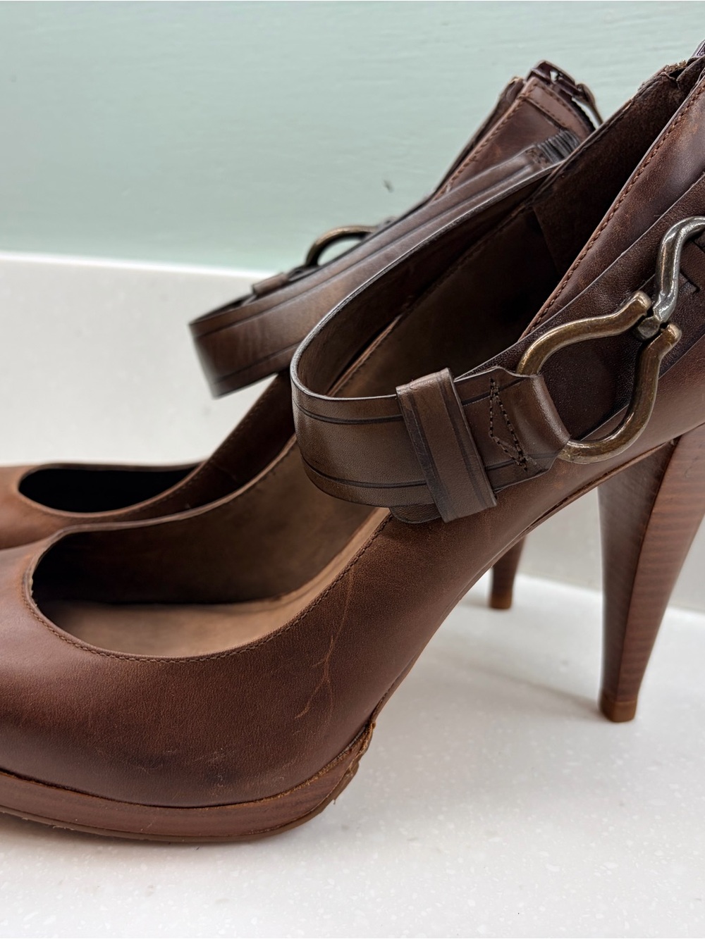 Cole Haan Brown Leather High Heel Pumps with Ankle Strap